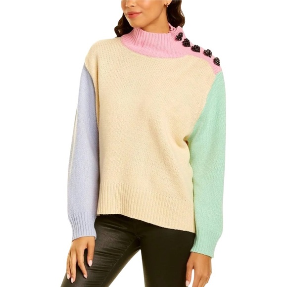 Olivia Rubin Lyla High Neck Pastel Colorblock Sweater Jewel Heart Snaps Size S - Picture 1 of 9